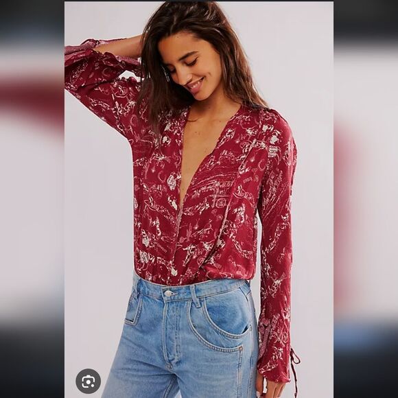 NWOT Free People Everything's Rosy Bodysuit RARE Rodeo Red Western Print Size XL - Picture 2 of 16